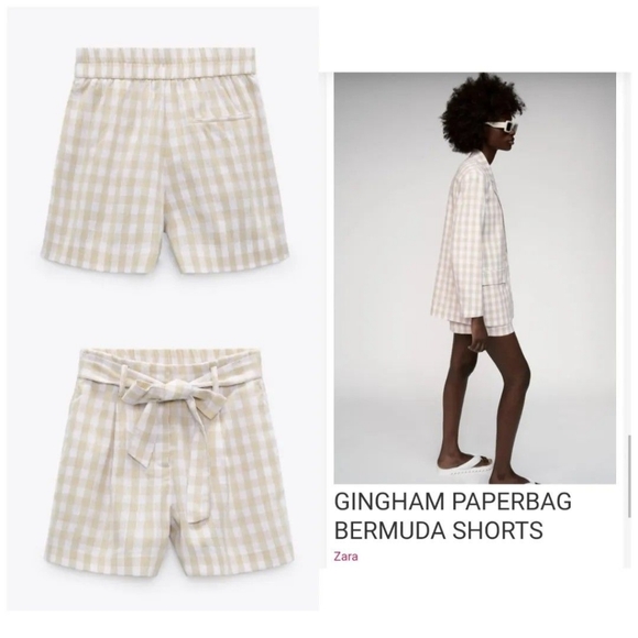 Nwt zara gingham linen blend beige paperbag waist shorts - Picture 2 of 8